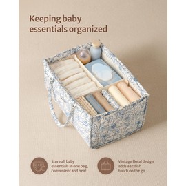 Blissful Diary Floral Diaper Caddy Organizer, Stylish Nursery Storage Basket - Gift for Baby Shower, Baby Registry Must Have, Newborn Essentials - Baby Caddy Organizer - Vintage Rose