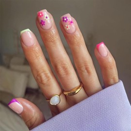 French Tip Press on Nails Short Flower Fake Nails Square Shape False Nails Spring Floral Acrylic Nails Stick on Nails Nude Pink Purple Press on False Nails Decorate for Girls 24 Pcs