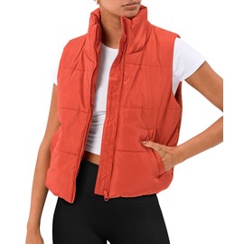 AUTOMET Puffer Vest Women Sleeveless Winter Cropped Outerwear Warm Puffer Lightweight Stand-up Collar Down with Pockets Orange S