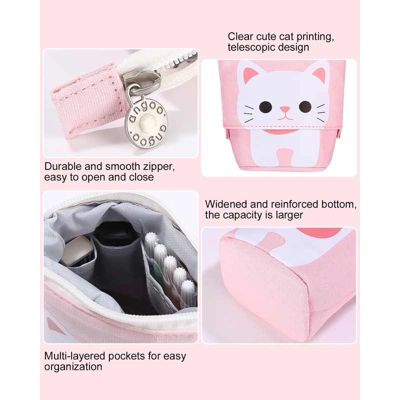 Xespis Pencil Case with Zip, Telescopic Pencil Case, Cat white,