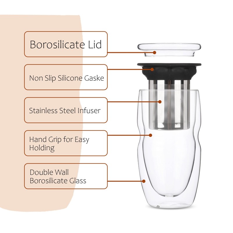 BTAT- Double Wall Glass Tea Cup With Stainless Steel Infuser,