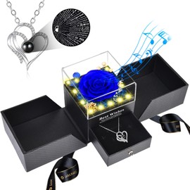 Pasuvsigt Preserved Real Rose with I Love You Heart Necklace 100 Languages with Music&Lights, Romantic Gifts for Women Wife Mom Girlfriend Valentine's Day Mother's Day Birthday Anniversary (Blue)