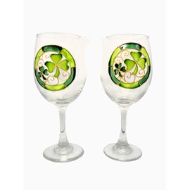 Lucky Green Shamrocks Hand Painted Stemmed Wine Glasses Set of 2