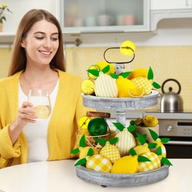 12 Pcs 5 Inch Lemon Tiered Tray Decor Summer Lemon Stuffed Fabric Decoration Lemon-Shaped Kitchen Decor Rustic Farmhouse for Tiered Tray Bowl Fillers Summer Home Supplies (Lemon)