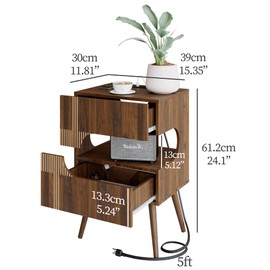JOONEE Nightstand with Charging Station and LED Lights,Modern Bedside Table with 2 Storage Drawer,Night Stand with Solid Wood Legs,White (Walnut Brown)