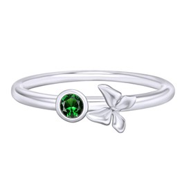 AFFY Round Cut Simulated Emerald Stacking Butterfly Bezel Set Engagement Ring in 14k White Gold Over Sterling Silver for Women Ring Size-7