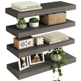 Fixwal 15.8in Floating Shelves, Rustic Wood Finish Wall Shelves Set of 4, Shelves for Wall Decor, with Invisible Brackets for Bathroom, Living Room,Bedroom and Kitchen(Gray)