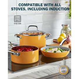 Cook N Home Non Stick Stock Pot with Lid, 6-Quart Hard Anodized Ceramic Nonstick Gumbo Pasta Pot, Induction Cookware Stockpot for Cooking, Canning, Sauce, Ollas para Cocina, Yellow