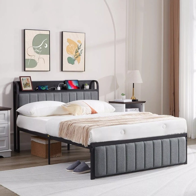 Vecelo Bed Frame with Storage Headboard Power Outlet Full Queen