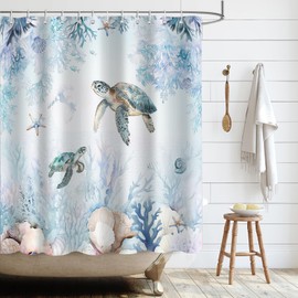 APROPHIC Shower Curtain Blue Summer Ocean 180 x 180 cm, Shower Blind, Sea Animals, Turtle Coral Star Conch Shower Curtain Set, Polyester Waterproof Bathroom Decoration with 12 Hooks