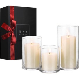 ELIXIR GLASSWARE Glass Candle Holder - Large Hand Blown Bubble Hurricane Pillar Candle Holders - Perfect for Centerpiece or Vase - Clear Hurricanes for Tall Candles - Set of 3