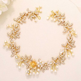IYOU Crystal Bridal Hair Wreath with Tendrils for Wedding Leaf Gold Headpiece Pearl Flower Guest Bridesmaid Hair Accessories for Women