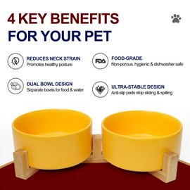 OniAnt Ceramic Dog and Cat Bowls with Wooden Stand, Modern Design Pet Food and Water Dishes Set for Medium and Large Dogs, Non-Slip Feeding Station with Weighted Base, Yellow, 28.7 oz - Set of 2