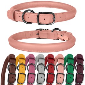 BUDKAS Rolled Leather Dog Collar for Small Medium Large Dogs Puppy Durable Adjustable Soft Round Rope Pet Collars (17"-21" Neck Fit, Flamingo)