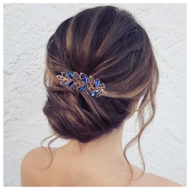 Inilbran Wedding Rhinestone Leaf Hairclips Barrette Crystal CZ Hair Barrettes Blue Crystal Leaf Barrette Head Clips Vintage Cz Hairclips Decorative Headwear Bride Hair Accessories for Women Headdress