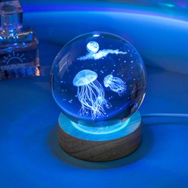 WQVSHRO 3D Jellyfish Crystal Ball Night Light with Colorful Lighted Base 3.15'' Laser Engraved Glass Jellyfish Ball, Glass Balls Oceans Decorative Christmas Gifts for Boys Girls Teens
