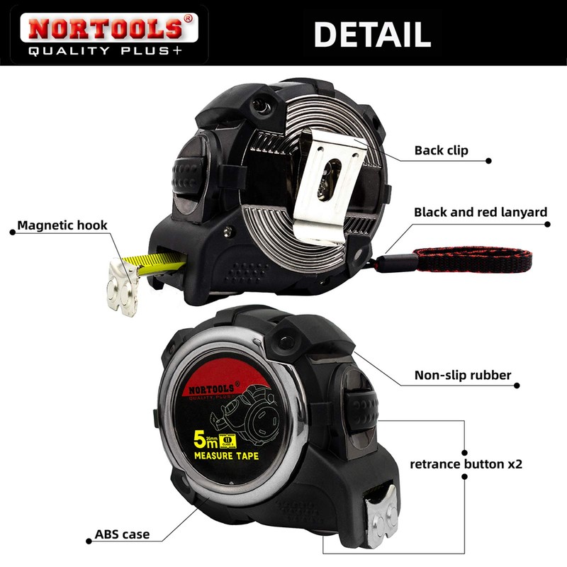 NORTOOLS 5M Retractable Tape Measure with Auto-Lock Professional for Measuring