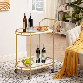 unipaws Bar Cart Gold, Easy Assembly Serving Bar Trolley with 2-Tier Shelves and Rotating Wheels for Home Kitchen Dining and Living Room