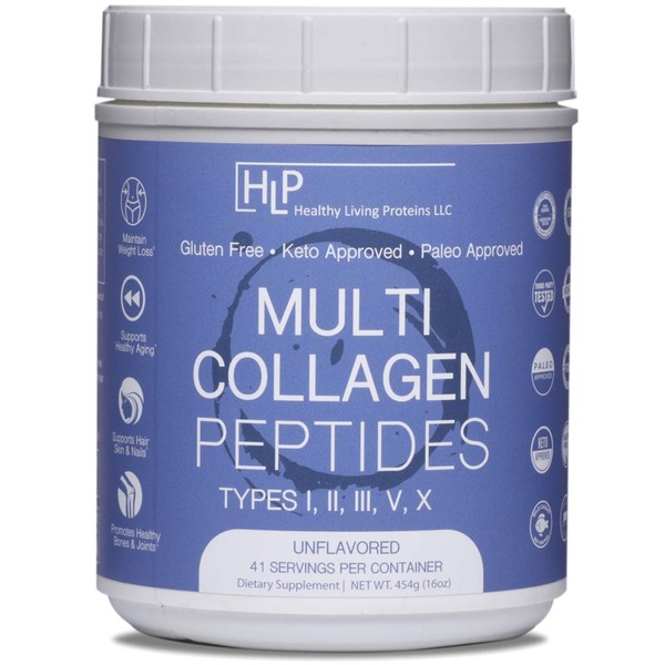 Healthy Living Proteins | Multi Hydrolyzed Collagen Peptides Type I, II, III, V, & X | Grass Fed Bovine, Wild Caught Marine, Free Range Chicken | Gluten Free Powder (Unflavored, 16 oz)