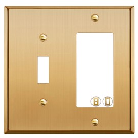 Rio Salto Brass Metal Gold Light Switch Cover Wall Plate Combination Toggle Decorator Rocker 2 Gang Decora Toggle Wallplate Combo Decorative Switch Plates Covers Brushed Brass Standard Size