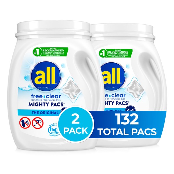 All Mighty Pacs with stainlifters free clear Laundry Detergent, Free Clear for Sensitive Skin, 66 Count - (Pack of 2)