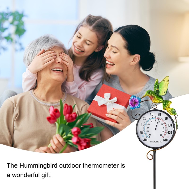 Outdoor Indoor Wall Thermometer with Hummingbird Metal Stake Outside Waterproof