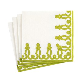 Caspari Dessin Passementerie Paper Linen Cocktail Napkins in Moss Green - Four Packs of 15