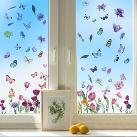 Sxutop 9 Sheets Flower Window Clings Double Sided Stained Glass Clings Anti Collision Spring Summer Window Stickers Colorful Floral Butterfly Window Decal for Living Room Bedroom Office Home
