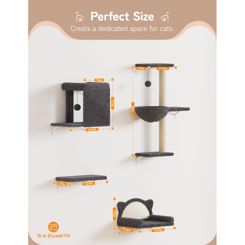 5-in-1 Cat Wall Shelves, Solid Wood & Velvet & Sisal