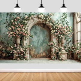 Arch Wall Flowers Backdrop,Retro Medieval Building Pink Rose Photo Background,Realistic Stylish Romantic Palace Banner for Wedding Birthday Bridal Shower Party Decor,Green,7x5FT