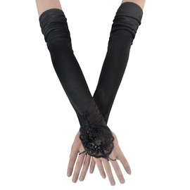 JISEN Women 20s Satin gloves Formal Bridal Banquet Party Wedding Opera Colorful Mitten Fingerless 16.7 Inch Black