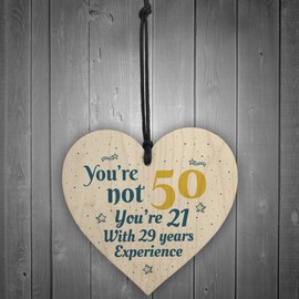 RED OCEAN 50th Birthday Gift Wooden Heart 50 For Dad Mum Sister Friend Funny Sign Keepsake