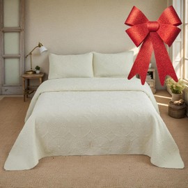 Brandream Quilt Set Queen Size Cotton Luxury Cream Yellow Matelasse Coverlet Set Elegant Boho Medallion Stitching Quilts 3-Piece