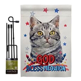 Breeze Decor Patriotic Red American Short Hair Garden Flag Set with Stand Animals Cat Kitten Meow Spoiled Paw Fur Pet Nature Farm Animal Creature Small Gift Yard House Banner Made in USA 13 X 18.5