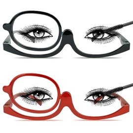 Chiccool 2 Pack Makeup Reading Glasses for Women Magnifying Flip Down Cosmetic Readers with Spring Hinge (Black+Red,+2.0)