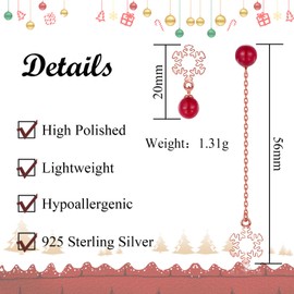 Bewenda Xmas Drop Earrings, 925 Sterling Silver Snowflake Tassel Earrings for Women, Rosegold Christmas Dangle Earrings with Red Pearl, Long Chains Drop Earrings Hanging for Her Ladies Wife Girls