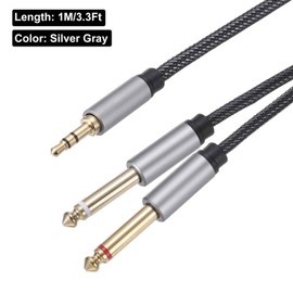 DMiotech 3.5mm 1/8" Mail TRS to 2 x 2 x 6.35mm 1/4" Mail TRS Audio Cable Aluminum Alloy Housing Nylon Braided Auxiliary Cable for Cell Phone Car Speaker 1M/3.3Ft Silver Grey