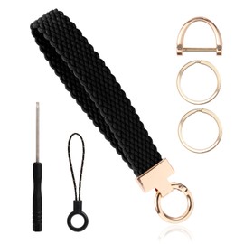 lasuroa Keychain Wristlet for Women Men, Elastic Keychain Strap with D-Ring Short Tether & 2 Key Rings Braided Wrist Lanyard for Car Keys ID Badges Essentials (Black)