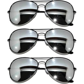 OWL 3 Pack Aviator Style Sunglasses Full Mirror Silver Lens Black Metal Frame