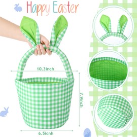 DoubleFill 3 Pcs Easter Bunny Basket for Boys Girls Egg Hunt Basket Bags with Rabbit Ears Plaid Candy Egg Basket Gift Buckets Easter Gifts Storage, 2025 New, Safety and No Odor(Blue Green Purple)
