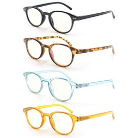 OLOMEE Reading Glasses Women Blue Light Blocking Round Readers +1.50 Blue Ray Magnifying Cheaters for Small Head/Petite Face 4 Pack