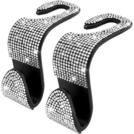 2PCS Car Seat Hooks, Bling Car Rhinestone Headrest Hooks, Universal Bling Car Interior Accessories for Handbag, Clothes, Purse, Water Bottle … (White)