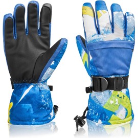 Ski Gloves Waterproof Winter Warm Gloves Cold Weather Touchscreen Snow Gloves for Mens, Womens, Kids Skiing,Snowboarding (XS(Fit Kids 6-8 Years), Blue)