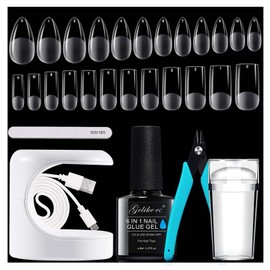 Gelike ec Nail Tips and Nail Gel Glue Kit - Gel x Nail Extension Set Mini Nail Lamp 6 in 1 Nail Glue, 240 Pieces Soft Gel Full Cover Nail Tips, French Nail Stamp and Nail Clippers Medium Almond &