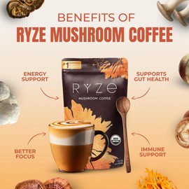 RYZE SUPERFOODS Mushroom Coffee USDA Organic with 6 Adaptogenic Mushrooms and MCT Oil, USA Grown Instant Coffee for Better Energy, Focus, Digestion, Immunity with Lions Mane & Turkey Tail, 30 servings