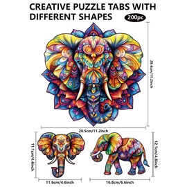 GLOBLELAND 200 Pieces Mandala Elephant Puzzle Wooden for Toddlers Learning Animal Elephant Puzzles Colourful Unique Shaped Puzzles Birthday Gifts for Preschool Learning