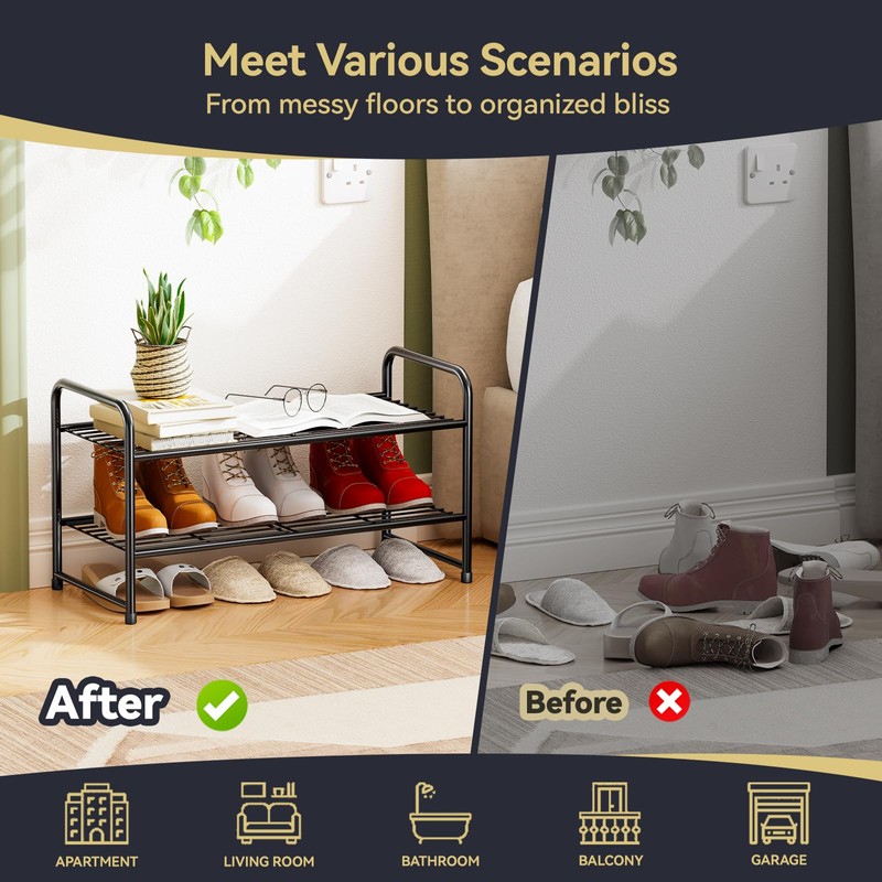 MWQ 2 Tier Shoe Rack Organizer for Closet, Stackble, Black