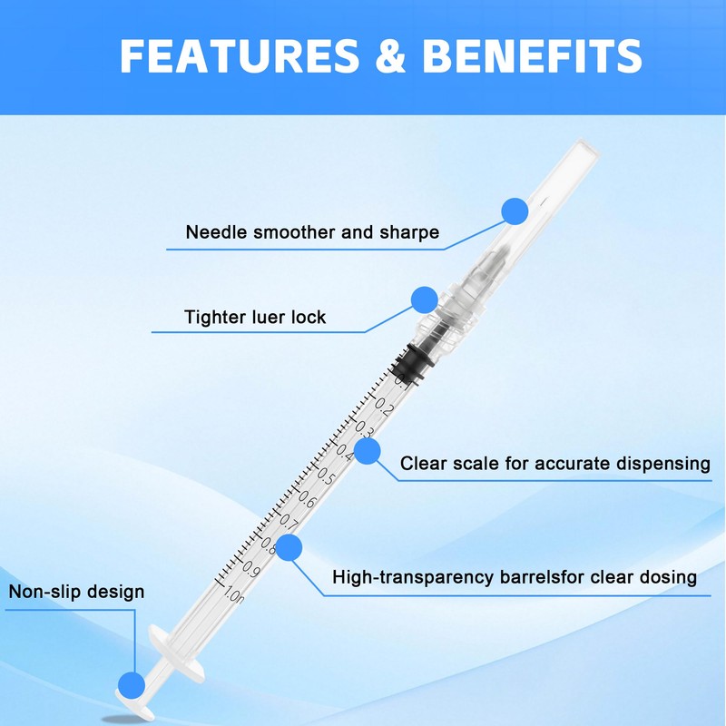 100 Pack 1ml Syringes with Needle, 27 G 0.5 Inch