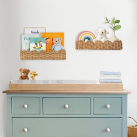 Nursery Book Shelves Set of 2 - Artisan Crafted Rattan Wall Shelf 15.8'' W, Cute Scalloped Book Shelf, Book Shelf for Kids Rooms, Boho Shelf, Kids Bookshelf Wall Mounted, Hanging Bookshelves for Wall