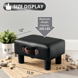 Small Foot Stool with Handle, Black PU Leather Short Foot Stool Rest, Rectangle Storage Foot Stools Ottoman with Plastic Legs, Padded Footstool Small Step Stool for Living Room, Office, Desk, Patio
